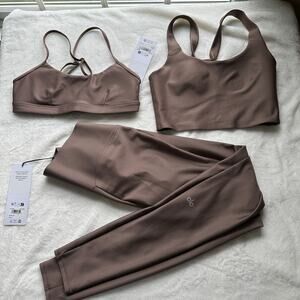 Alo Yoga Airlift Intrigue Bra & Sleek Legging & Sleek Bra Tank Sz Small Mushroom
